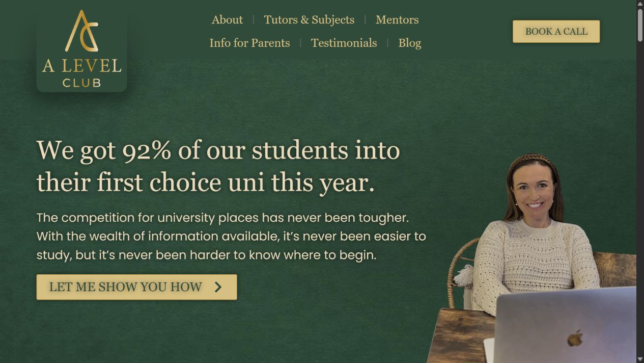 The A-Level Club homepage, showing Clare and the client’s green and gold brand