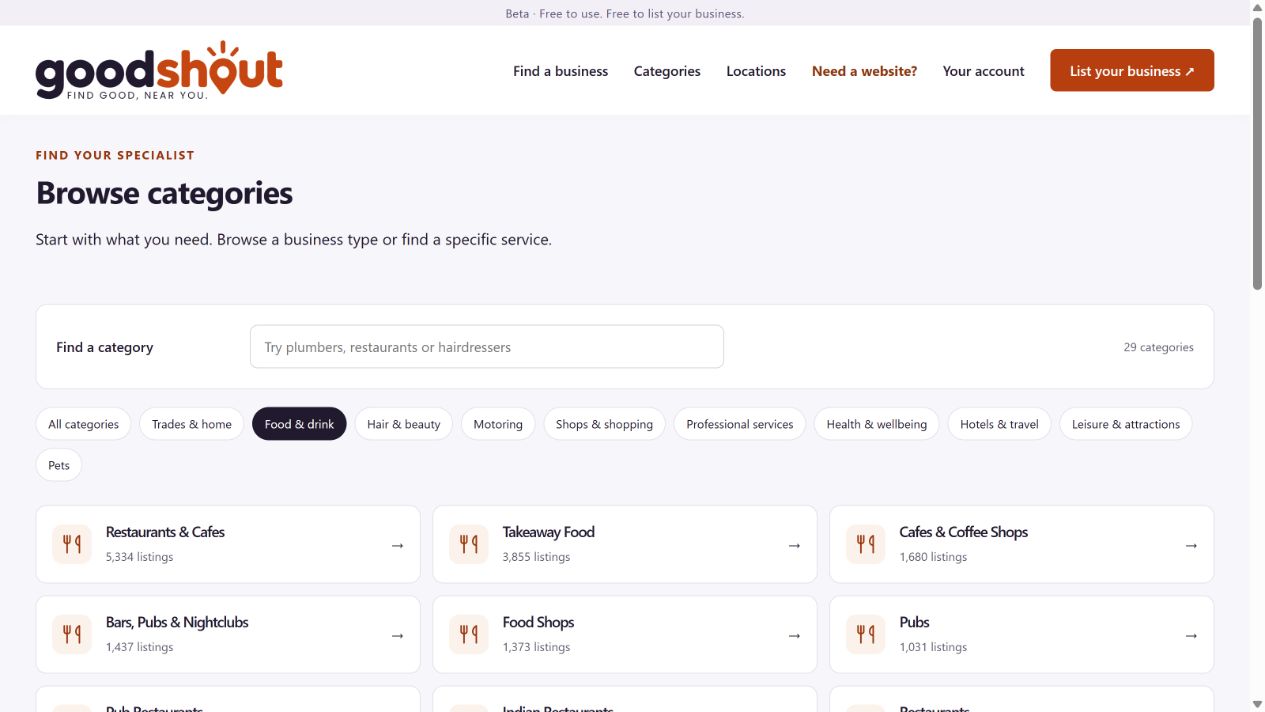 GoodShout’s category browser showing a range of food and drink services