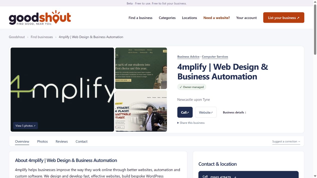 4mplify’s owner-managed GoodShout profile, with a photo gallery of client work, services and contact options