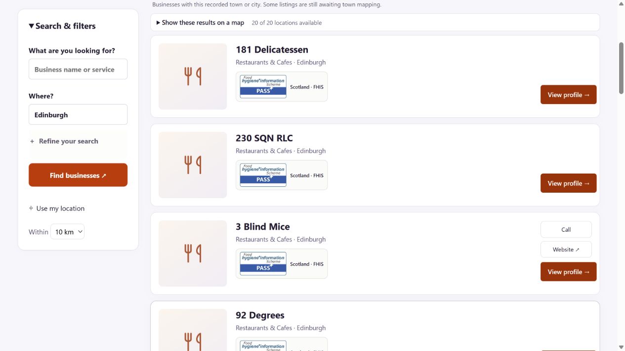 Several Edinburgh business results with location filters, contact actions and Scottish food hygiene information