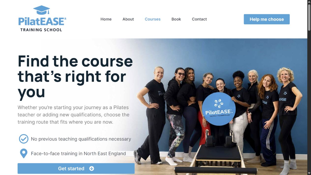 The PilatEASE Training website introducing its course choices